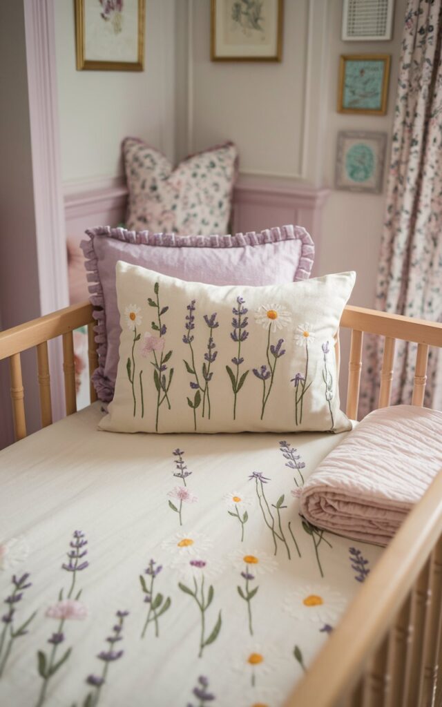 A photo of a nursery room with a cozy cot bed in the center. The cot bed is dressed in wildflower-embroidered bedding, with sheets featuring dainty daisies and lavender stitched delicately across a soft cream fabric. A light quilt is folded neatly at the end of the cot. The room has pastel-painted walls, a small reading nook with a floral pillow, and framed prints. The overall design is elegant and snug.