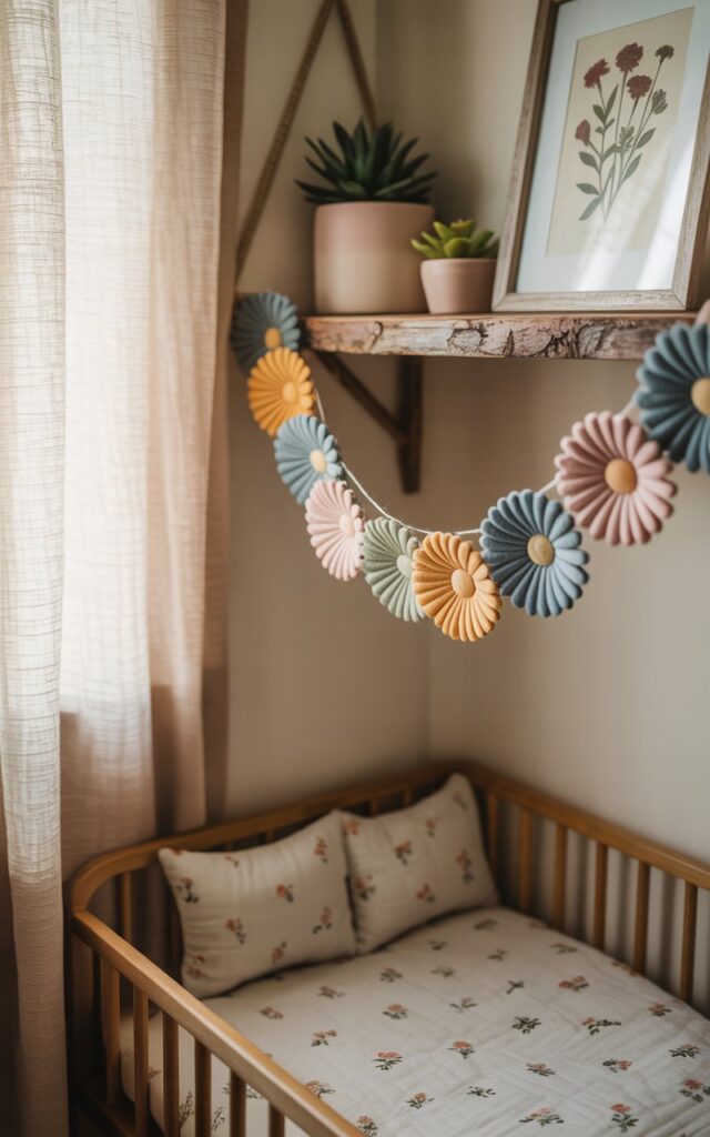 A charming, slightly soft-focus photograph captures a whimsical fabric flower garland gently draped across a rustic wooden shelf in a meticulously decorated nursery room. The garland, a cascade of felt daisies in shades of blush pink, sky blue, and lemon yellow, gracefully curves downwards, complementing the nursery's wildflower theme and appearing almost hand-stitched. Beneath the shelf, a cozy cot bed with ivory bedding patterned with tiny floral motifs rests gently, while nearby shelves display miniature potted succulents and a framed botanical print of a vintage wildflower arrangement. Soft, diffused natural light filters through sheer linen curtains, casting a warm glow across the scene and creating a feeling of peaceful, idyllic comfort.