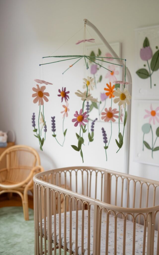 A photo of a nursery room with a cozy cot bed. Above the cot, a handmade flower mobile spins gently. It is crafted from felt daisies, poppies, and lavender sprigs in pastel hues. The mobile complements the wildflower nursery theme, creating an impression of blooms dancing in a meadow. The nursery room also features a rattan chair, a soft green rug, and wall art in floral motifs, all contributing to a whimsical charm.