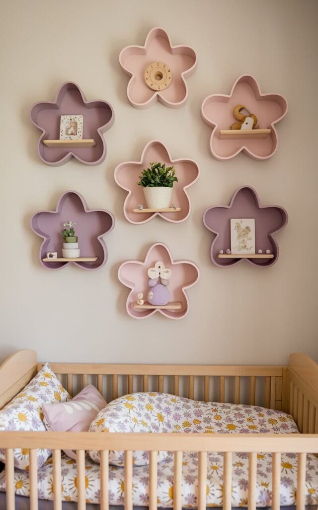 A nursery room with playful flower-shaped shelves mounted on the walls. Each shelf holds small keepsakes, potted plants, and wooden toys. Below the shelves, a cozy nursery cot bed with daisy and lavender patterned bedding is placed. The flower shelves add charm and practicality, blending storage with whimsical design, making even everyday items part of the decor.