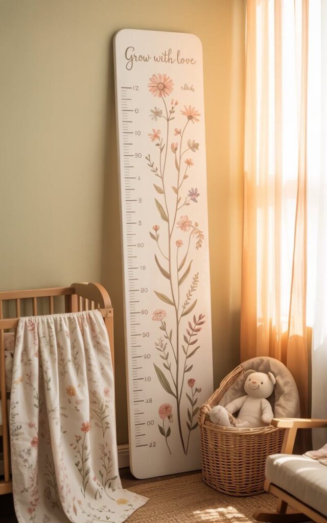 A photograph of a charming nursery room centered around a tall, vintage-style wooden growth chart adorned with delicate illustrations of wildflowers in soft pastel hues. The growth chart leans gracefully against a pale yellow wall beside a cozy crib draped with floral patterned sheets, echoing the wildflower theme and featuring the words "Grow with Love" inscribed at the top. Soft, diffused sunlight streams through a sheer curtain, illuminating a woven rattan basket filled with plush toys and a small rocking chair, creating a warm and sentimental atmosphere. The overall scene evokes a feeling of peace and gentle growth.