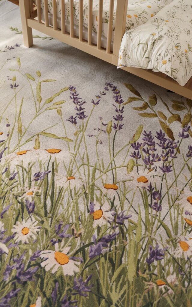 A photo of a nursery room with a meadow-inspired rug patterned with grasses, daisies, and lavender sprigs. The room also features a cozy nursery cot bed dressed in floral bedding. The rug adds texture, warmth, and vibrant detail, grounding the space with meadow-like beauty.