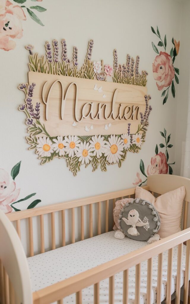 A photo of a nursery room with a cozy cot bed and a custom wooden name sign above it. The name sign is adorned with hand-painted wildflowers, including daisies, lavender, and meadow sprigs. The sign features elegant lettering. The nursery room is well-decorated with floral wall art and soft pastel details. The overall atmosphere is heartfelt, unique, and beautifully designed for the baby's space.