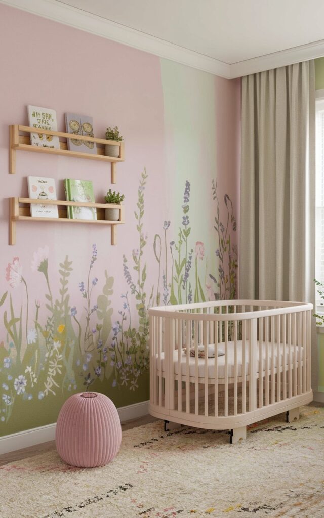 A plush rug and a cozy nursery cot bed are the main elements in this nursery room. The walls are painted in pastel shades of blush pink, lavender, mint green, and buttery yellow. The room has a soft wildflower nursery theme. There are wooden shelves with baby books and tiny potted plants. The curtains are light-colored. The overall look is calm, airy, and welcoming.