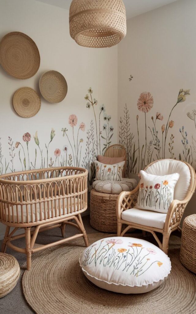 A photo of a nursery room with a wildflower theme. The room has a wicker bassinet, a rattan chair, and woven storage baskets. There are embroidered floral cushions and wall art featuring meadow flowers. The room also has a cozy nursery cot bed in the corner, surrounded by earthy textures. The mix of natural woven pieces and floral patterns creates an organic and stylish nursery.