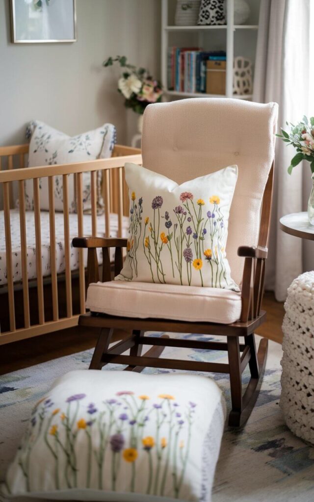 A photo of a cozy corner of a well-decorated nursery room. There's a wooden rocking chair with wildflower print cushions, placed beside a nursery cot bed. The room has a wildflower nursery theme. There are soft pillows, a side table with a vase of flowers, and a bookshelf nearby. The floral cushions bring comfort and warmth to the heart of the nursery.