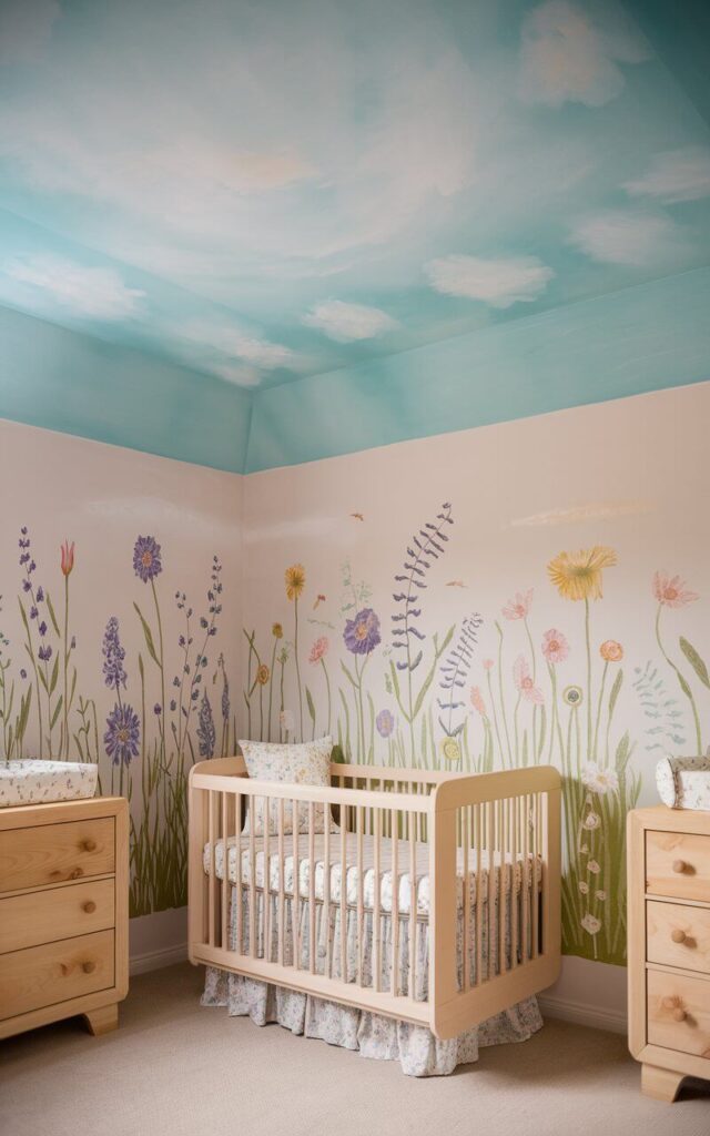 A photo of a nursery room with a ceiling painted in soft sky blue. The room has a wildflower nursery theme. There is a cozy nursery cot bed with floral bedding, and the bed is placed beneath the sky blue ceiling. The room has natural wooden furniture and floral artwork. The sky blue ceiling adds a dreamy touch to the room.