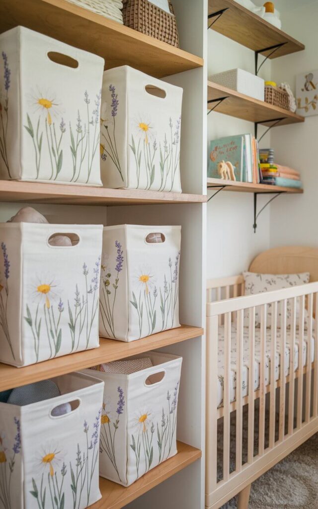 A well-decorated nursery room with fabric storage bins on the lower shelves. The bins have dainty floral prints with daisies and lavender sprigs, tying into the wildflower nursery theme. Next to the bins, there's a cozy nursery cot bed with matching bedding. Wooden shelves hold toys, books, and baby essentials, neatly tucked away in the bins. The space is both tidy and beautifully styled.
