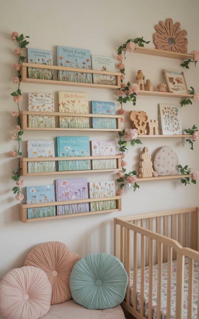 A photo of a nursery room with a bookshelf filled with colorful children's books. The bookshelf is low on the wall and is filled with books featuring wildflowers, meadows, and nature illustrations. The books' covers face outward, seamlessly blending into the wildflower nursery theme. A cozy nursery cot bed with matching floral sheets sits nearby. A soft reading corner with pastel cushions invites quiet moments. Wooden toys and floral accents decorate the shelves, turning functional storage into charming, flower-filled decor.