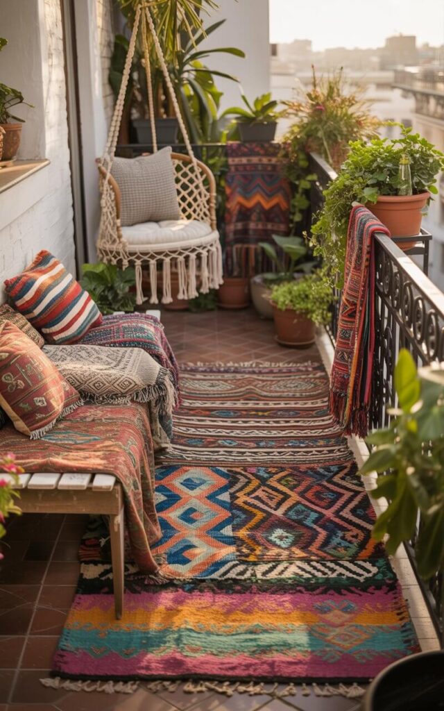 A photograph of a cozy boho balcony overflowing with vibrant textures and patterns. A layered collection of rugs—a striped kilim, a geometric diamond mat, and a faded tribal piece—creates a colorful foundation, partially covered by a small wooden bench adorned with mismatched, jewel-toned cushions. A macramé hanging chair, draped with a patterned throw blanket, sits in one corner, while patterned tapestries cascade from the wrought-iron railing, all bathed in the warm golden light of a late afternoon sun. Lush potted plants with cascading greenery spill over the balcony edge, softening the edges of the eclectic design.