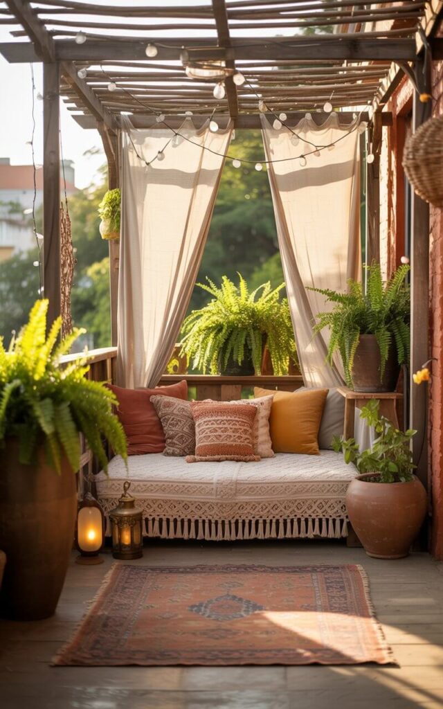 A photograph showcasing a cozy boho balcony bathed in warm sunlight filtering through a rustic wooden pergola. Beneath the pergola, a plush, cream-colored floor cushion sits centered, adorned with intricate macrame detailing and a scattering of patterned throw pillows in terracotta and ochre. Flowing white linen curtains gently frame the scene, while tall terracotta pots overflowing with vibrant green ferns and delicate string lights woven through the pergola beams create a tranquil, inviting atmosphere. The balcony floor is partially covered with a faded Persian rug with intricate patterns and a single ornate lantern sits near the cushion, casting a soft, ambient glow.