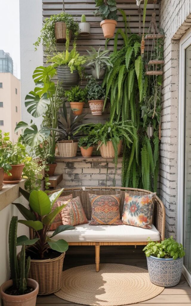 A photograph of a sun-drenched boho balcony brimming with lush greenery and vibrant life. A comfortable, woven bench sits against a distressed white brick wall, adorned with colorful patterned throw pillows and a soft, woven rug beneath. Numerous ceramic and wicker planters overflow with cascading monstera leaves, delicate ferns, trailing ivy, and prickly cacti, creating a dense vertical garden reaching towards the sky. Soft, diffused sunlight illuminates the space, highlighting the subtle aroma of rosemary and basil from a vertical herb planter, evoking a sense of tranquility and bohemian charm.