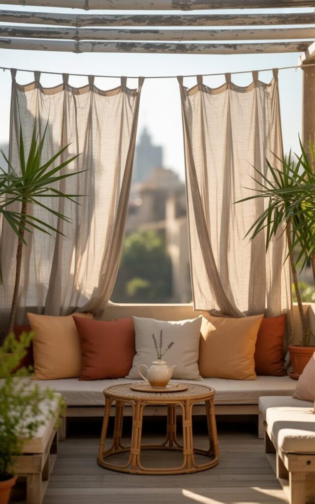 A photograph of a cozy boho balcony retreat, softly illuminated by dappled sunlight filtering through light beige linen curtains. The curtains, suspended from a simple rod beneath a weathered wooden pergola, gently sway, creating a sense of tranquility and seclusion while partially obscuring a blurred cityscape in the background. At the heart of the balcony sits a low floor seating arrangement adorned with layers of terracotta, ochre, and cream cushions around a small round rattan table displaying a delicate ceramic teapot with a sprig of lavender. Several potted palms frame the space, adding to the lush, inviting atmosphere with warm, natural light.