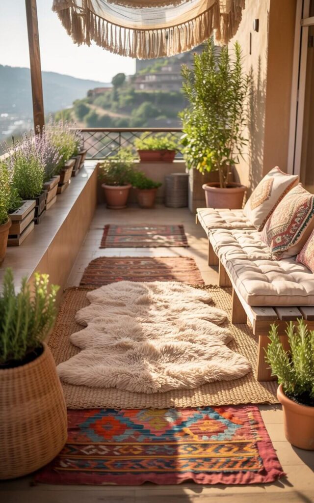 A photograph of a sun-drenched boho balcony overflowing with textures and colors. A generously sized jute rug forms the base of the design, layered with a plush Moroccan shag rug in cream and a vibrant kilim runner featuring geometric patterns. Low wooden benches are adorned with embroidered cushions and a flowing fringed canopy filters the sunlight, creating dappled shadows, while potted lavender and rosemary plants line the railing. Soft, golden hour light illuminates the scene, highlighting the tactile surfaces and creating a serene, inviting atmosphere.