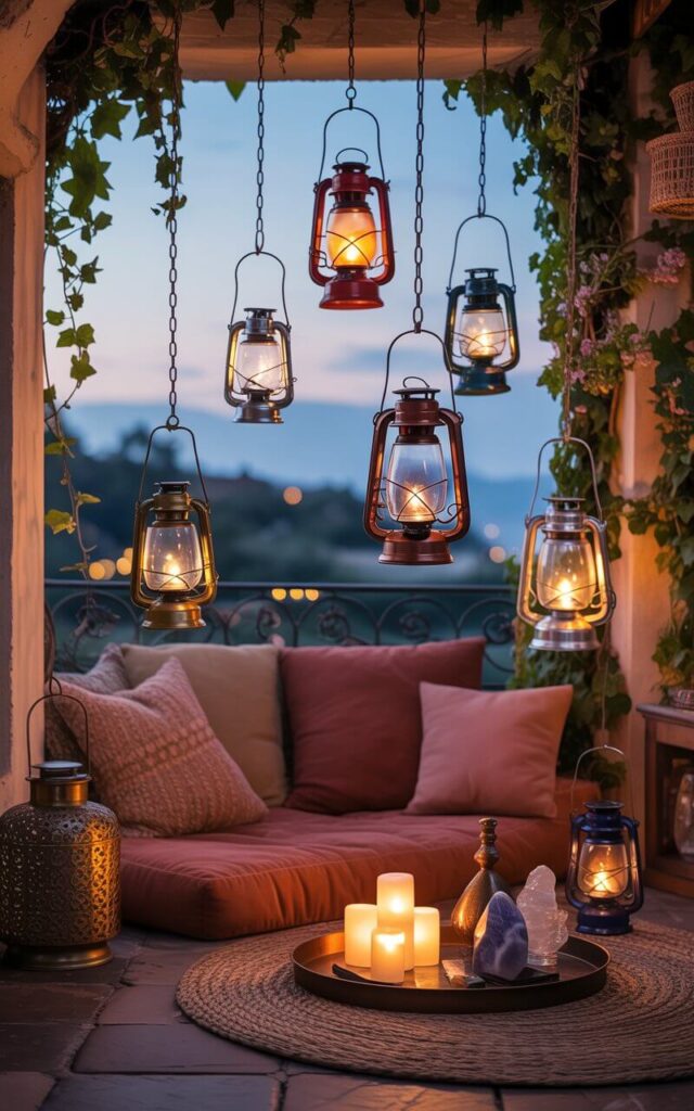 A photograph of a cozy boho balcony overflowing with vintage lanterns creating a magical ambiance. Hanging from wrought-iron hooks are brass, copper, and stained-glass lanterns of varying sizes, their warm light casting intricate patterns on the stone floor and highlighting "Lantern-Lit Dream". Soft, woven rugs and plush seating in muted terracotta and sage tones are arranged artfully around a low table holding a tray with loose-leaf tea, polished crystals, and antique matches. The balcony is draped in climbing jasmine and cascading ivy, all bathed in the soft glow of twilight and illuminated by the lanterns.