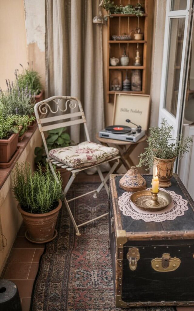 A photograph of a cozy boho balcony overflowing with vintage charm. An antique wrought-iron chair, slightly weathered with floral cushions, sits invitingly beside a distressed wooden trunk repurposed as a table, featuring a delicate lace doily, a ceramic incense holder, and a flickering beeswax candle. The balcony is adorned with a faded Persian rug, terracotta planters brimming with rosemary and lavender, and a hanging shelf displaying a collection of antique trinkets, while a vintage record player spins softly, emitting the faint sound of "Billie Holiday". Soft, dappled sunlight filters through sheer curtains, creating a warm, inviting ambiance and highlighting the carefully layered textures and timeworn beauty of the space.