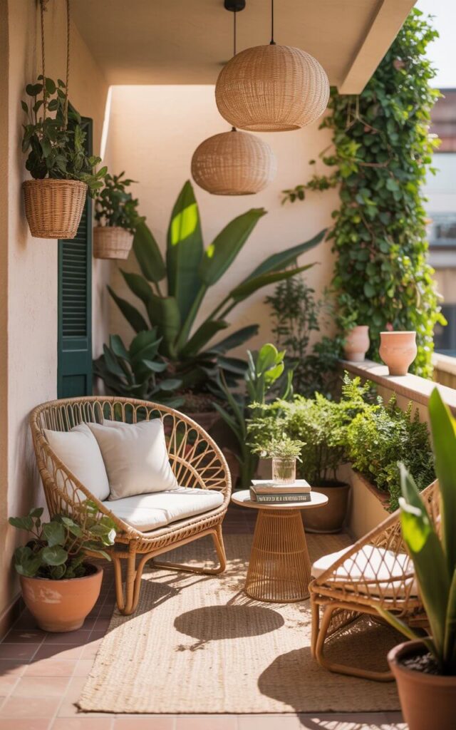 A photograph of a meticulously styled boho balcony bathed in warm afternoon sunlight. A curved rattan loveseat adorned with ivory cushions sits gracefully beside a petite side table holding a stack of "Vintage Books," while a low, egg-shaped wicker chair invites relaxation nearby. Lush potted plants of varying heights cascade from terracotta pots and woven baskets, creating a vibrant green tapestry against the backdrop of a neutral-toned, handwoven rug. Soft, diffused light filters through woven pendant lights, casting a gentle glow over the scene and accentuating the balcony’s tranquil, inviting atmosphere.