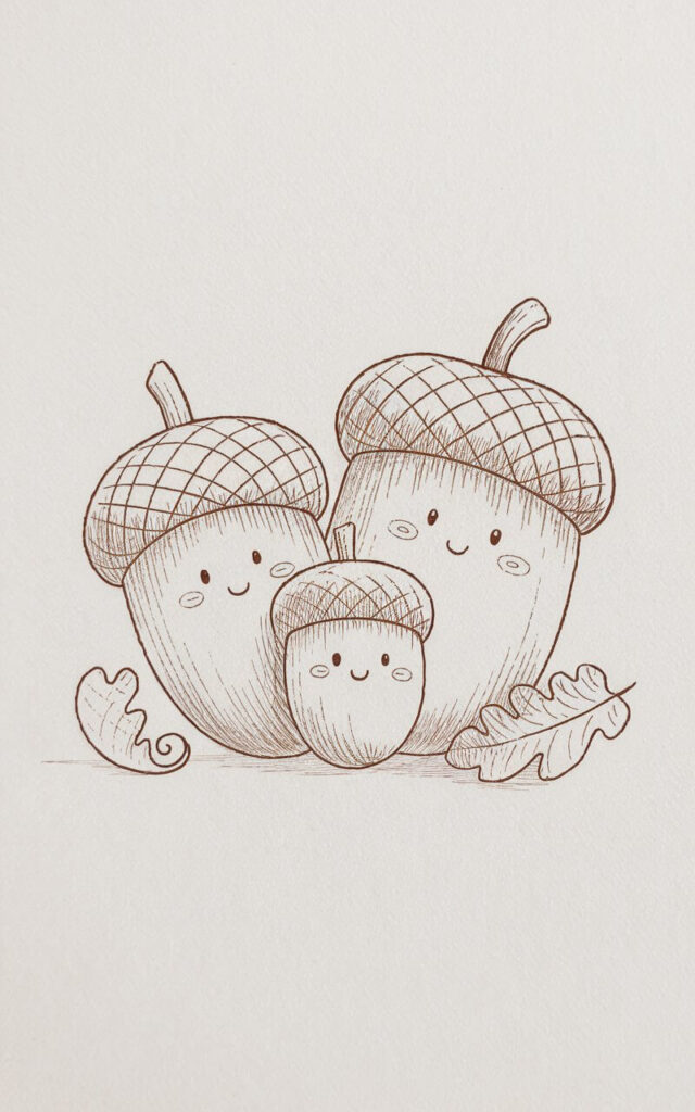 A minimalist, plain white background pencil drawing illustration of a playful fall acorn family, drawn in a simplistic style. Three acorns stand together—one larger with a sturdy cap, a medium one with a curved stem, and a smaller acorn nestled close. Each acorn has a tiny face drawn with dots and curved lines, suggesting cheerful expressions. The caps are shaded with soft crosshatching, giving them texture, while the smooth bodies are outlined with clear curves. A single curled leaf lies beneath them, grounding the scene. The drawing radiates whimsical autumn character while staying minimal and balanced.