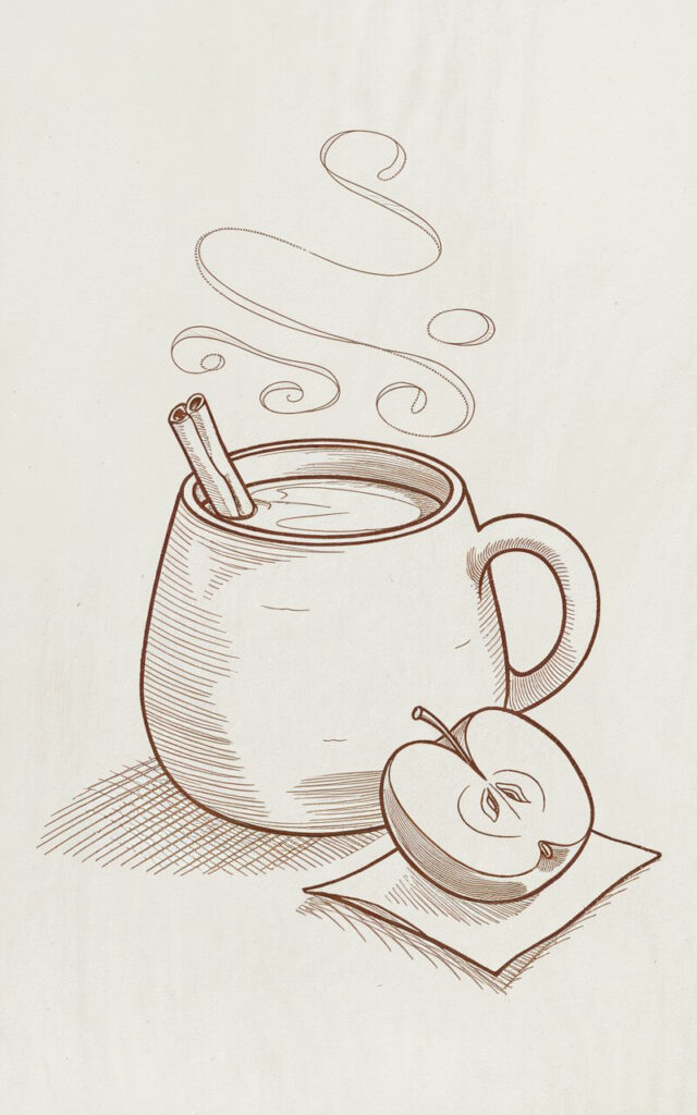 A minimalist, plain white background pencil drawing illustration of a steaming fall mug of apple cider, drawn in a simplistic style. The cup is rounded with a thick handle, its body shaded smoothly to suggest ceramic texture. Wisps of steam rise from the top in soft, curling strokes. A cinnamon stick peeks out from the liquid, its ridges marked with subtle lines. To the side, a neatly sliced apple rests on a napkin, indicated with a few gentle contours. Crosshatched shading under the mug suggests a table surface, grounding the scene while keeping the design clean and simple.