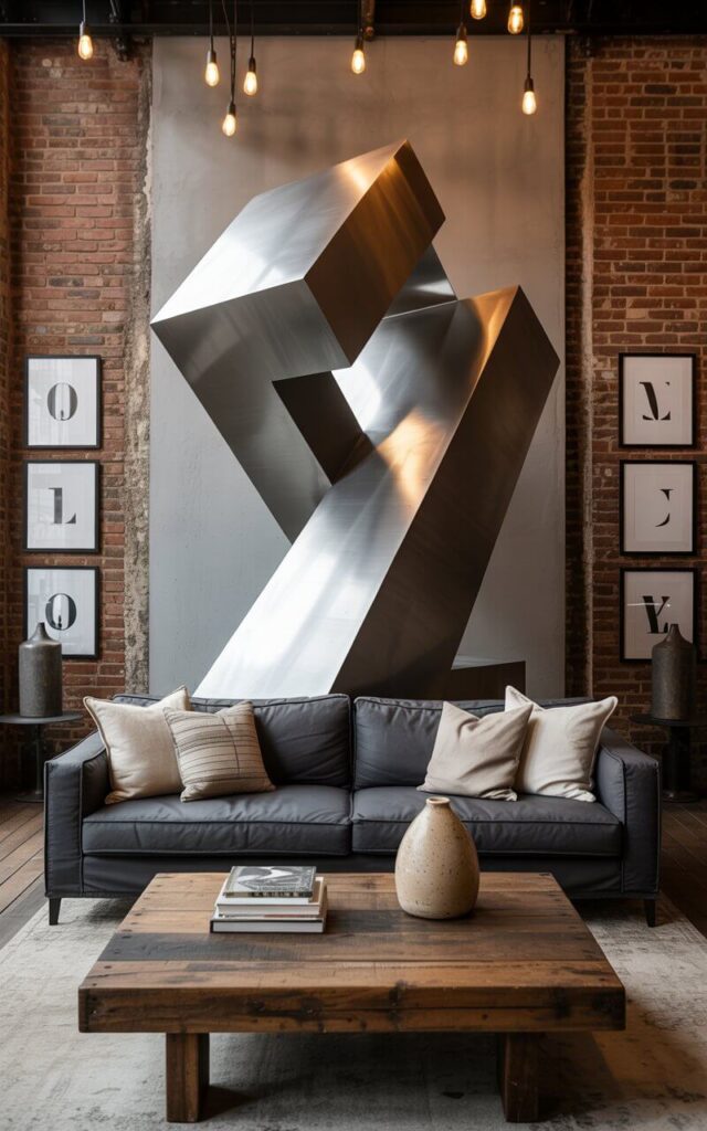 A photograph of a spacious industrial living room centered around a striking oversized steel sculpture. The sculpture, resembling an abstract geometric form, is mounted on the main wall and illuminated by a single spotlight, showcasing its brushed metal texture. Beneath the sculpture, a dark gray linen sofa with layered neutral cushions sits facing a reclaimed wood coffee table adorned with stacked art books and a ceramic vase, all against a backdrop of exposed red brick. Warm pendant lights hang overhead, casting a soft glow and highlighting the room's blend of raw industrial elements and cozy sophistication, while a series of monochrome typography prints in black frames subtly decorate the walls.