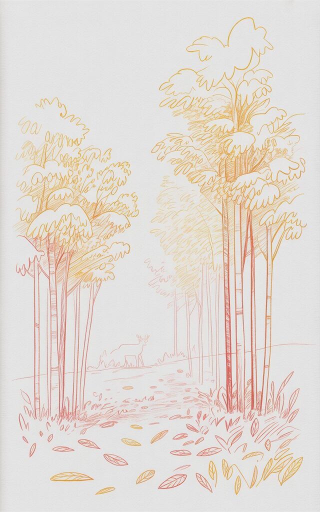 A minimalist pencil drawing illustration of a tranquil autumn forest scene against a plain white background. Several towering birch trees rise from the ground, their slender trunks sketched with delicate vertical lines and their canopies overflowing with loosely outlined golden leaves shaded in layered patterns. Scattered across the forest floor are simple oval and pointed shapes representing fallen leaves, with a gently winding path leading into the distance where a faint silhouette of a deer grazes peacefully. Soft, diffused lighting illuminates the scene, with red and yellow pencil tones creating a sense of serene autumnal beauty.