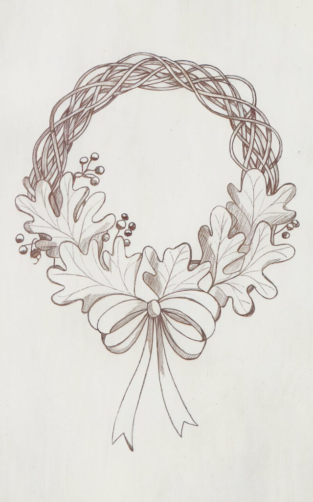 A minimalist, plain white background pencil drawing illustration of a fall wreath, drawn in a simplistic style. The circular frame is formed by entwined twigs, outlined with flowing, curved strokes. Around it, oak leaves, maple leaves, and acorns are sketched with gentle detail, overlapping slightly to create fullness. Small berries are dotted throughout, represented with simple circles shaded lightly for roundness. A soft bow rests at the bottom of the wreath, its loops sketched with curved, folded lines. The composition is balanced yet uncluttered, capturing the charm of seasonal decoration with clean lines and understated shading.