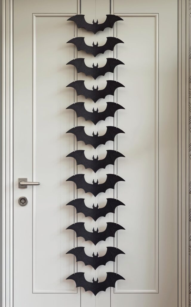 A Halloween door hanger with a mesmerizing vertical arrangement of bat silhouettes. The bats are made of black felt and are in various sizes. They are suspended at varying angles with thin invisible threads. The bats' wings are slightly bent for a three-dimensional effect. The door hanger is placed on a sleek white door. The background is minimalist and contains a few decorative elements. The overall design is elegant, dynamic, and unmistakably Halloween without excess embellishment.