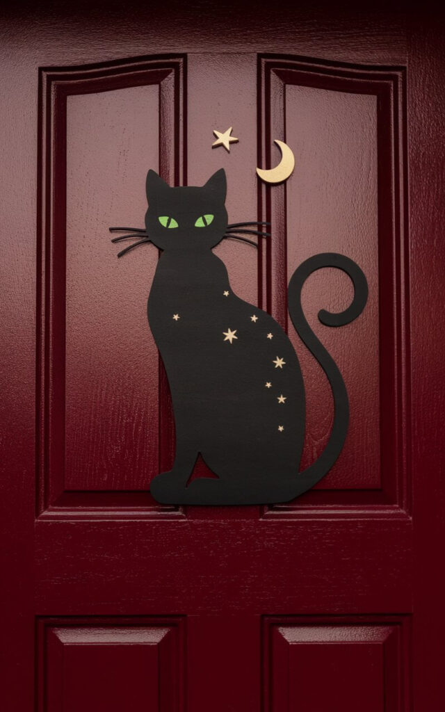 A sleek, mysterious Halloween door hanger featuring a poised black cat silhouette decorates a deep crimson door. The cat is laser-cut from matte wood, its arched back and curling tail creating an elegant, elongated shape. Tiny golden stars and a crescent moon are delicately painted around its silhouette, adding a soft glow that enhances the design without clutter. The cat's piercing green eyes, rendered with subtle gloss paint, provide the only pop of color, drawing immediate attention. Its clean lines and simple composition give the piece a modern, sophisticated edge, while the feline form captures Halloween's timeless mystique.