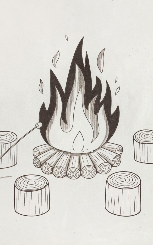 A minimalist, plain white background pencil drawing illustration of a fall bonfire gathering. A circular stack of logs rests at the base, their ends rounded and shaded with rings to show cut wood. Flames rise in smooth, curving strokes, pointed at the top with light inner shading suggesting glow. Around the fire, three simple stumps serve as seats, sketched with minimal lines. A single marshmallow on a stick leans toward the fire, its small oval shape contrasting against the bold flames. The drawing radiates warmth and community with clean, uncluttered strokes.