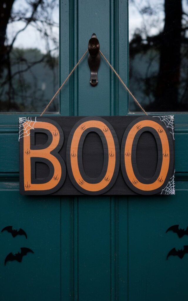 A photo of a minimalist Halloween door hanger. The hanger spells out "BOO" in bold, hand-painted wooden letters on a deep forest green door. The letters are painted matte black with subtle white distressing, giving them a slightly aged, haunted-house vibe. Tiny silhouettes of bats and cobweb threads decorate the corners. The hanger is held in place by a thin jute rope. The background is a dark, mysterious forest.
