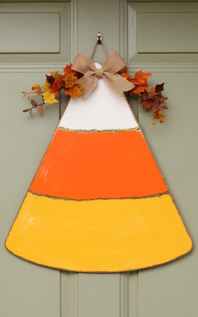 A photo of a cheerful Halloween door hanger inspired by classic candy corn. The hanger is hung on a pastel sage door. The hanger is made of three stacked wooden triangles painted in vibrant white, orange, and yellow, each separated by a thin line of gold detailing. The surfaces are smooth and satin-finished. A small burlap bow and a sprig of faux autumn leaves crown the top. The door hanger has a clean geometric shape and bright palette.