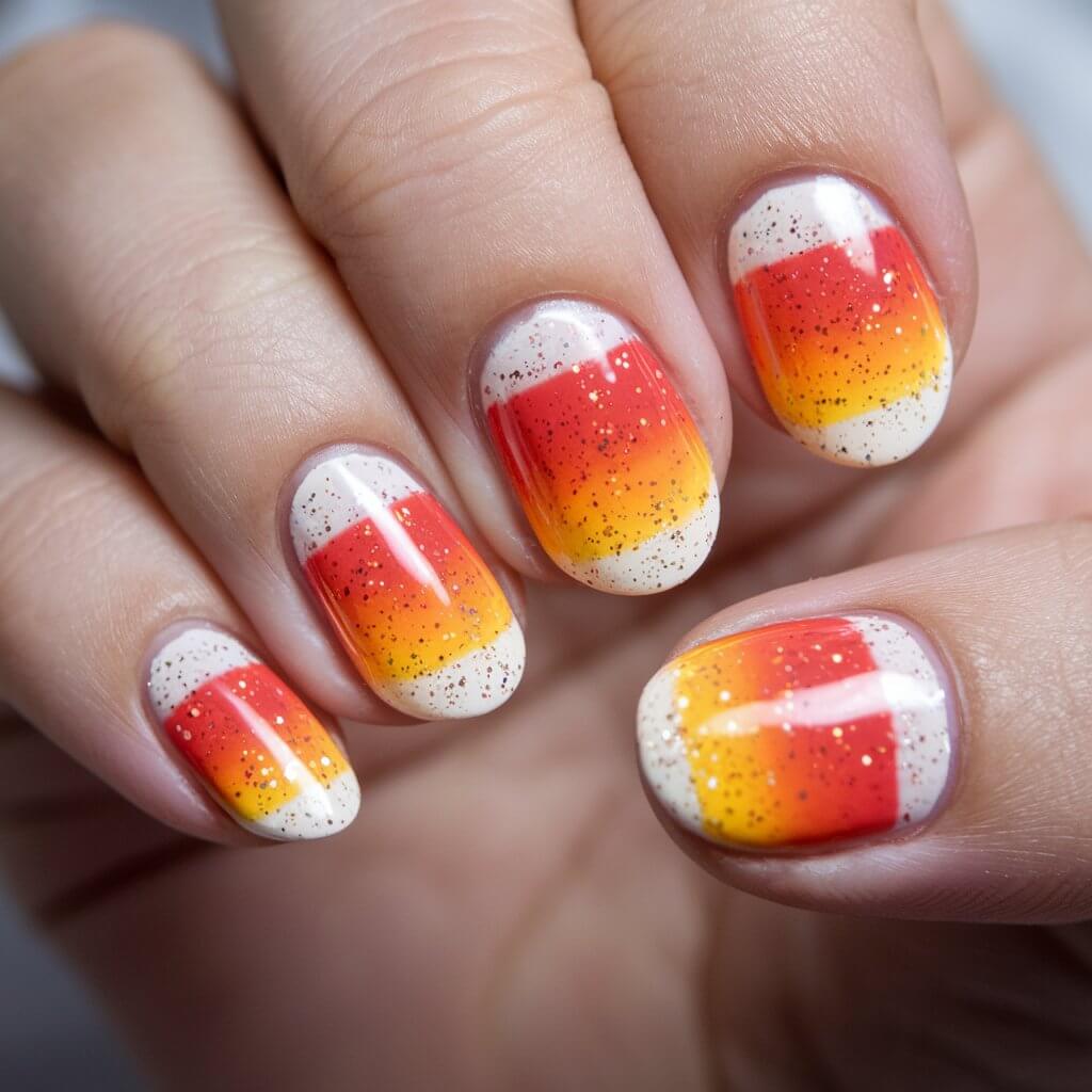 A photo of a woman's hand with a close-up shot of her nails. The nails are short and have a candy corn-inspired Halloween design. Each nail has a seamless ombre blend of white, orange, and yellow, stacked vertically. Fine glitter lines sparkle between the colors. The hand is positioned in a relaxed pose, with fingers comfortably extended to show the gradient effect. The natural bright blurry background enhances the candy-like vibrancy of the design, creating a festive and sweet impression.