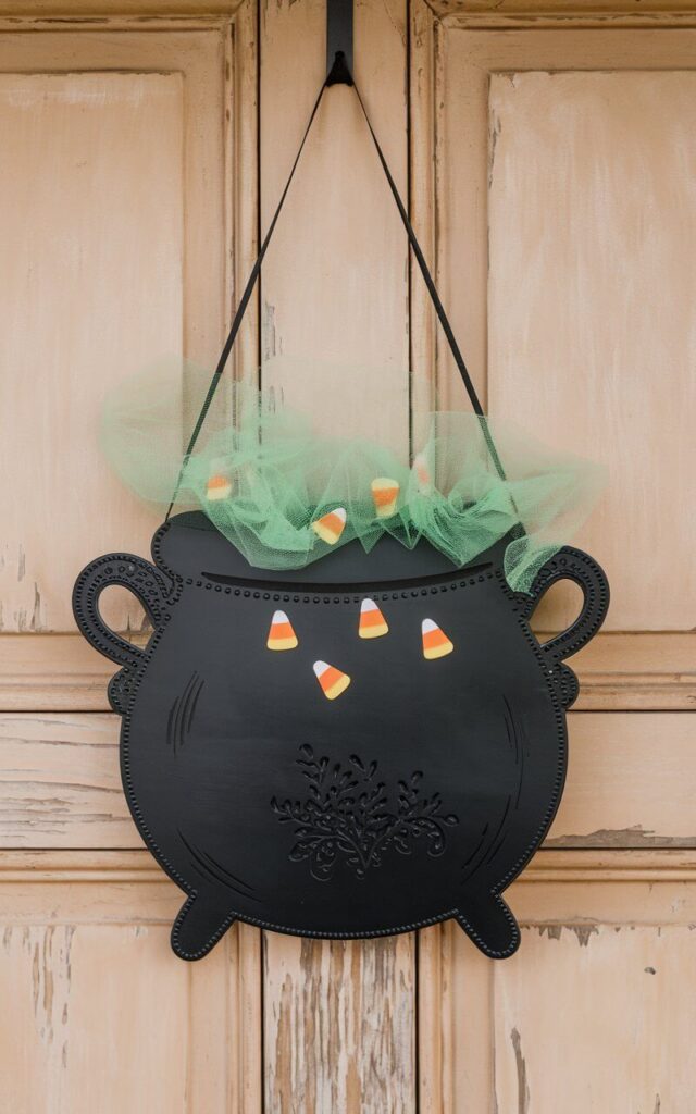 A Halloween door hanger in the shape of a bubbling witch's cauldron. The cauldron is suspended from a weathered barn-style door. The cauldron is crafted from lightweight matte-black metal and features delicately embossed handles and a rounded belly. Wips of green tulle "smoke" spill over the brim, giving the illusion of a brewing potion. A handful of candy corn pieces peek out for a playful twist. A thin black ribbon suspends the cauldron securely. The restrained color palette - black, green, and orange - keeps the piece cohesive, allowing the cauldron's theatrical concept to shine without overwhelming the visual field.