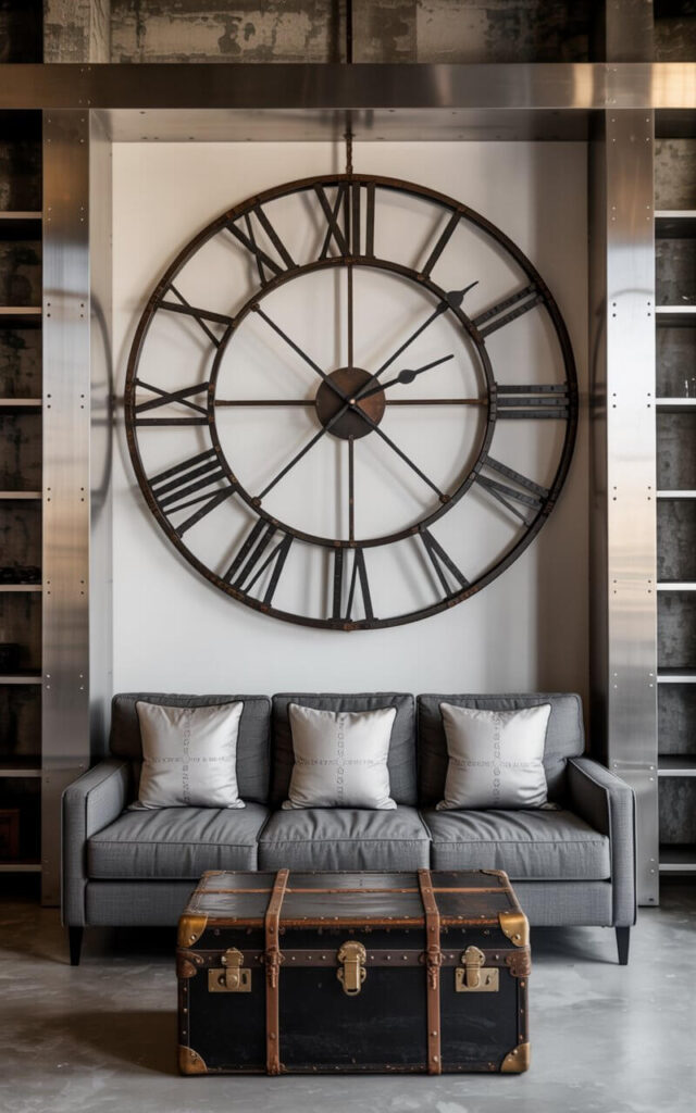 A photograph of a boldly designed Industrial Living Room dominated by a large wall clock. The clock, featuring "XIV" in prominent Roman numerals and a distressed iron frame, hangs directly above a plush gray fabric sofa with three simple patterned throw pillows. Exposed concrete walls and brushed steel shelving units frame the scene, while a vintage leather trunk serves as a unique coffee table, all bathed in the soft, diffused light filtering through a large factory window. The overall atmosphere evokes a sense of repurposed history and understated elegance.