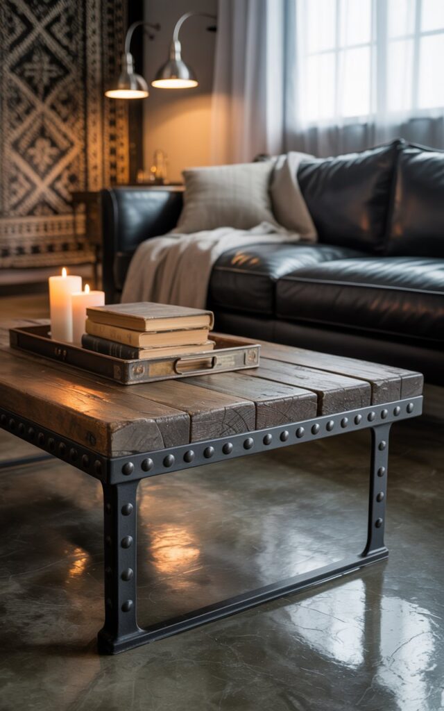 A photograph of an industrial living room centered around a striking coffee table. The table, crafted from reclaimed wood with black iron legs accented by rivets, sits prominently in the foreground and holds a vintage tray displaying a stack of weathered books and lit candles. A deep charcoal sofa faces the table, draped with textured neutral throws, while polished concrete floors stretch towards the background where steel pendant lights illuminate an oversized, patterned rug. Soft, diffused light filters through a large window, creating a rugged yet inviting atmosphere.