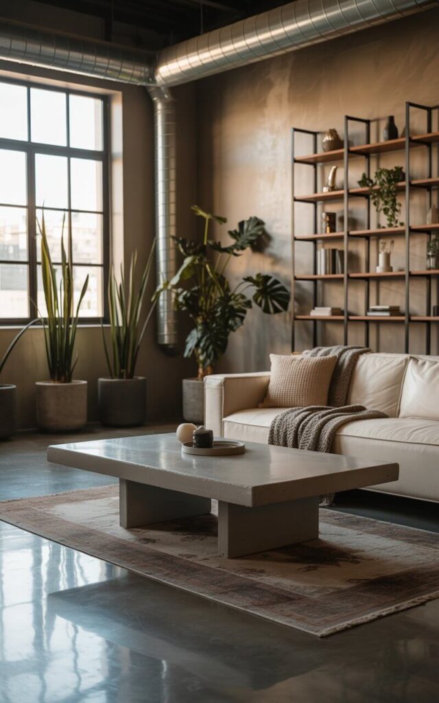 A photograph of a modern industrial living room centered around a sleek concrete coffee table. The coffee table, with its smooth, gray surface, sits prominently on a polished concrete floor that reflects the warm ambient light streaming in from a large window. A cream linen sofa with chunky knitted throws is placed opposite the table, framed by a distressed rug and tall potted plants in matte black planters, with a wall-mounted steel frame bookshelf adding vertical interest. Exposed industrial ducts overhead and soft, diffused lighting create a minimalist and inviting atmosphere.