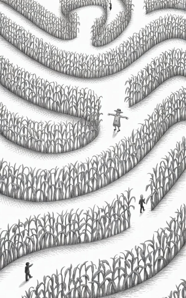 A detailed pencil drawing illustration depicts an overhead view of a fall corn maze on a stark white background. Winding paths twist and turn through towering cornstalks, each represented by consistent vertical lines and leafy shapes to create a rhythmic visual texture, with tiny stick-figure visitors exploring the maze and a solitary scarecrow standing guard with outstretched arms and a floppy hat. Subtle cross-hatching shading creates depth within the paths, while a diffused, soft light illuminates the scene from above, emphasizing the maze's intricate patterns and the seasonal atmosphere. The design aims to evoke the adventurous charm of an autumn cornfield, rendered with a focus on balance and repetition.