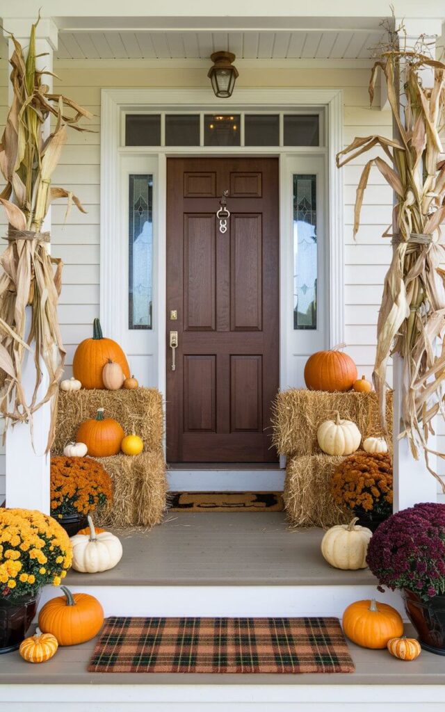 A rustic Fall front porch showcasing a very well-designed door with a nickel key lock, framed by towering cornstalks tied to each porch column with twine. The porch is very well decorated with hay bales stacked neatly beside the door, topped with pumpkins in varying colors. At the base, clusters of gourds and baskets of mums in golden yellow and deep burgundy add richness. A plaid doormat completes the entryway, making the entire scene feel like a festive harvest celebration ready to welcome guests.