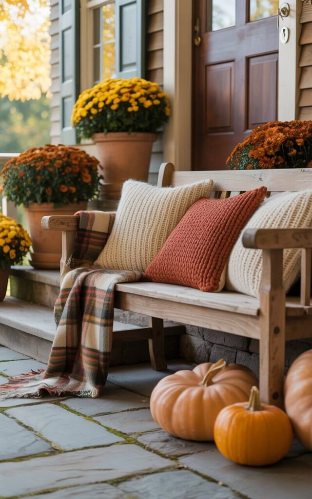 A photograph of a rustic wooden bench positioned on a charming front porch, styled for ultimate autumn comfort. The bench is adorned with a warm plaid throw blanket casually draped over the armrest and several chunky knit pillows in earthy tones of burnt orange, cream, and deep brown. Several pumpkins of varying sizes are clustered at the base of the bench, while planters filled with vibrant orange and yellow mums sit on either side of the stone steps leading up to the porch, with a nickel key lock visible on the door in the background. Soft, diffused sunlight bathes the scene, creating a cozy and inviting atmosphere.