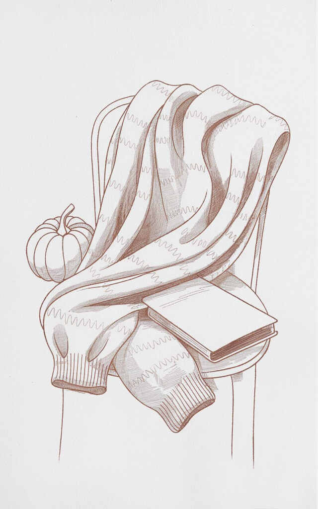 A minimalist, plain white background pencil drawing illustration of a fall sweater draped on a chair still life, drawn in a simplistic style. The sweater is folded loosely with curved lines suggesting the softness of fabric. A faint knit texture is added with repeating loops and crosshatches across the sleeves. Next to it sits a small pumpkin, round and smooth, contrasting against the sweater’s textured folds. A closed book rests nearby, its cover flat and shaded lightly. The arrangement is simple but warm, celebrating the comforts of autumn with understated lines and soft, clean detailing in a minimal sketch style.