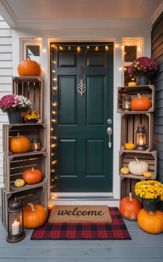 A photograph of a charming front porch decorated for Fall, with a beautifully designed dark green door featuring a gleaming nickel key lock as the focal point. Rustic wooden crates are artfully arranged around the door, stacked at varying heights to showcase vibrant orange pumpkins, antique lanterns, and colorful flowering mums; some crates lay on their sides, displaying smaller gourds within cozy cubbies. A red and black plaid rug lies beneath the "Welcome" doormat, while strands of warm fairy lights delicately drape around the crates and doorframe, creating a welcoming and curated rustic aesthetic. The porch is bathed in the soft, golden light of a late afternoon sun.
