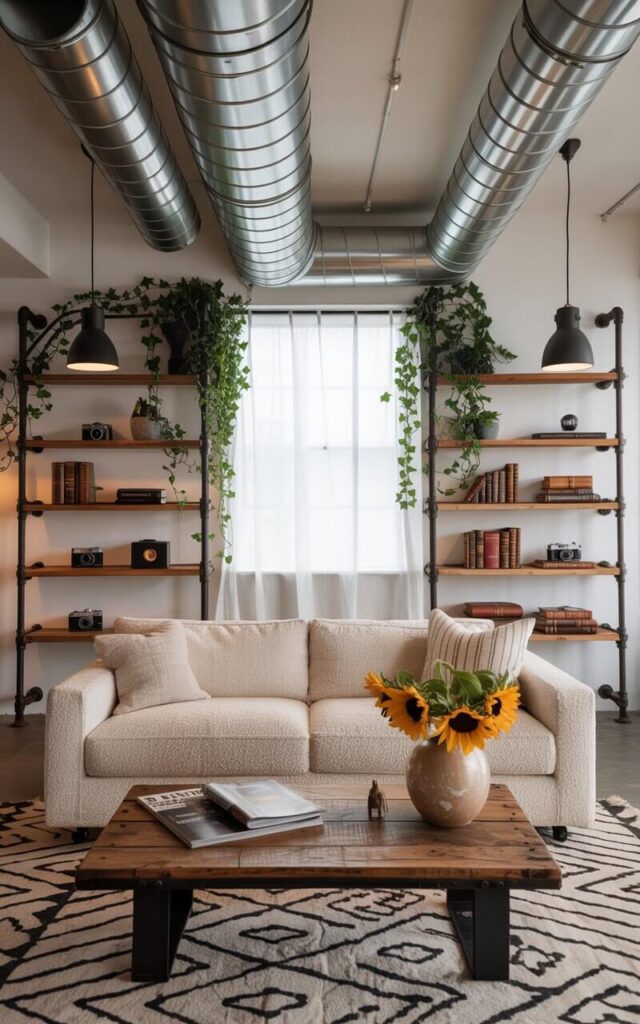 A photograph of a cozy Industrial Living Room showcasing exposed silver ducts stretching across the ceiling. A plush, cream-colored sofa sits prominently on a geometric patterned rug, facing a reclaimed wood coffee table adorned with a stack of design magazines and a ceramic vase holding vibrant sunflowers. Pipe shelving filled with trailing ivy plants, antique cameras, and leather-bound books flank the sofa, while matte black pendant lights highlight the architectural details. Soft, diffused light streams in from a large window, creating a warm and inviting atmosphere within the stylish loft space.