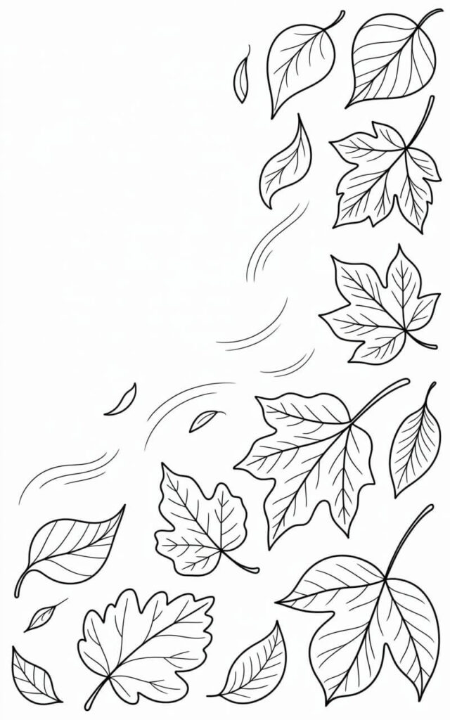 A black and white line art illustration of a collection of fall leaves gently drifting downwards against a plain white background. The assortment includes maple, oak, and birch leaves, each carefully rendered with bold outlines and unique shapes, exhibiting subtle variations in size and form to enhance visual interest. Delicate, curving motion lines suggest a gentle breeze carrying the leaves, with faint, etched veins adding subtle detail without obscuring the colorable spaces, creating an airy and flowing composition. The entire scene utilizes continuous lines and a coloring book style, ensuring distinct separation between leaves and background for easy coloring and a whimsical autumn aesthetic.
