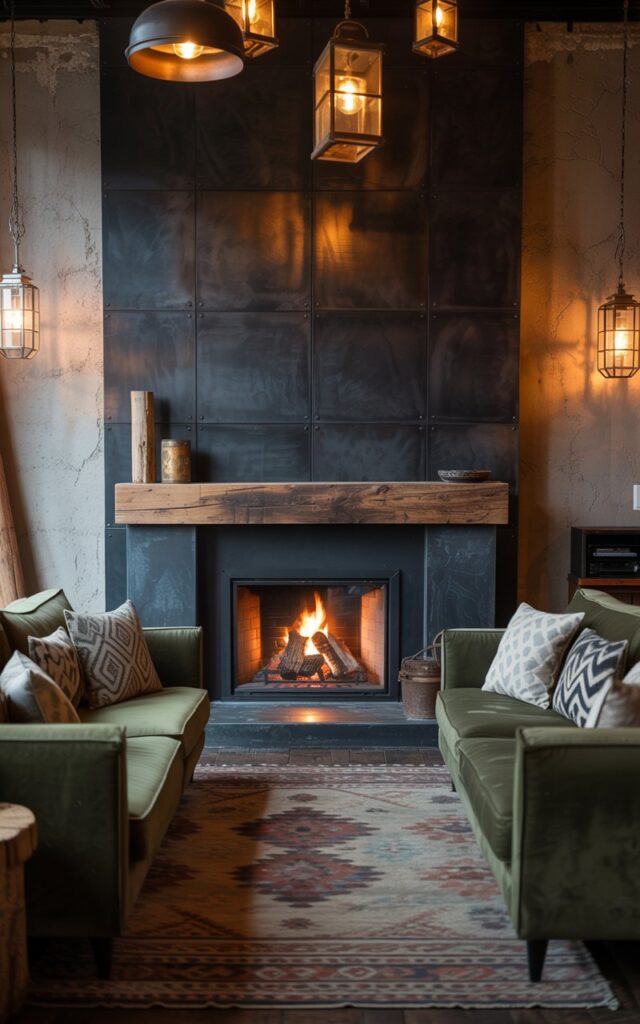 A photograph of a cozy living room interior, dominated by a striking matte black steel fireplace with a thick reclaimed wood mantelpiece. The fireplace casts a warm, inviting glow onto the exposed concrete wall behind it, illuminating a plush dark green velvet sofa positioned directly across the room and adorned with a mix of geometric patterned cushions. Rustic lanterns hang from the ceiling alongside industrial steel pendant lights, while an oversized patterned rug anchors the space, creating a welcoming yet edgy atmosphere, subtly highlighted by the interplay of firelight and shadow. The room's aesthetic showcases a carefully curated blend of raw industrial elements and luxurious textures, perfect for a relaxed evening.