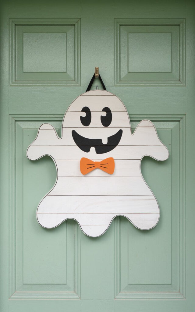 A photo of a pastel green door with a cheerful Halloween door hanger shaped like a smiling ghost. The ghost is made of white wood and has rounded curves. Its wide black eyes and oval smile are painted crisply. A small orange bowtie is tied around the ghost's neck. The ghost is centered on the door. The background is empty.