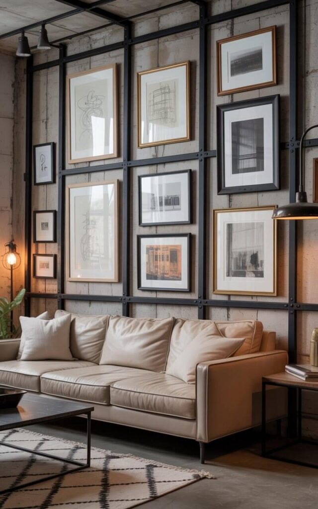 A photograph of a cozy industrial living room with a striking gallery wall as its focal point. The wall features a curated collection of framed artwork—abstract sketches, architectural drawings, and black-and-white photography—displayed within black steel and reclaimed wood frames. A comfortable sofa upholstered in muted beige fabric sits directly facing the wall, inviting the viewer to appreciate the art, while a geometric rug and industrial pendant lights add warmth and character to the concrete flooring. Soft, diffused natural light gently illuminates the space, highlighting the textures and creating a welcoming and personalized atmosphere.