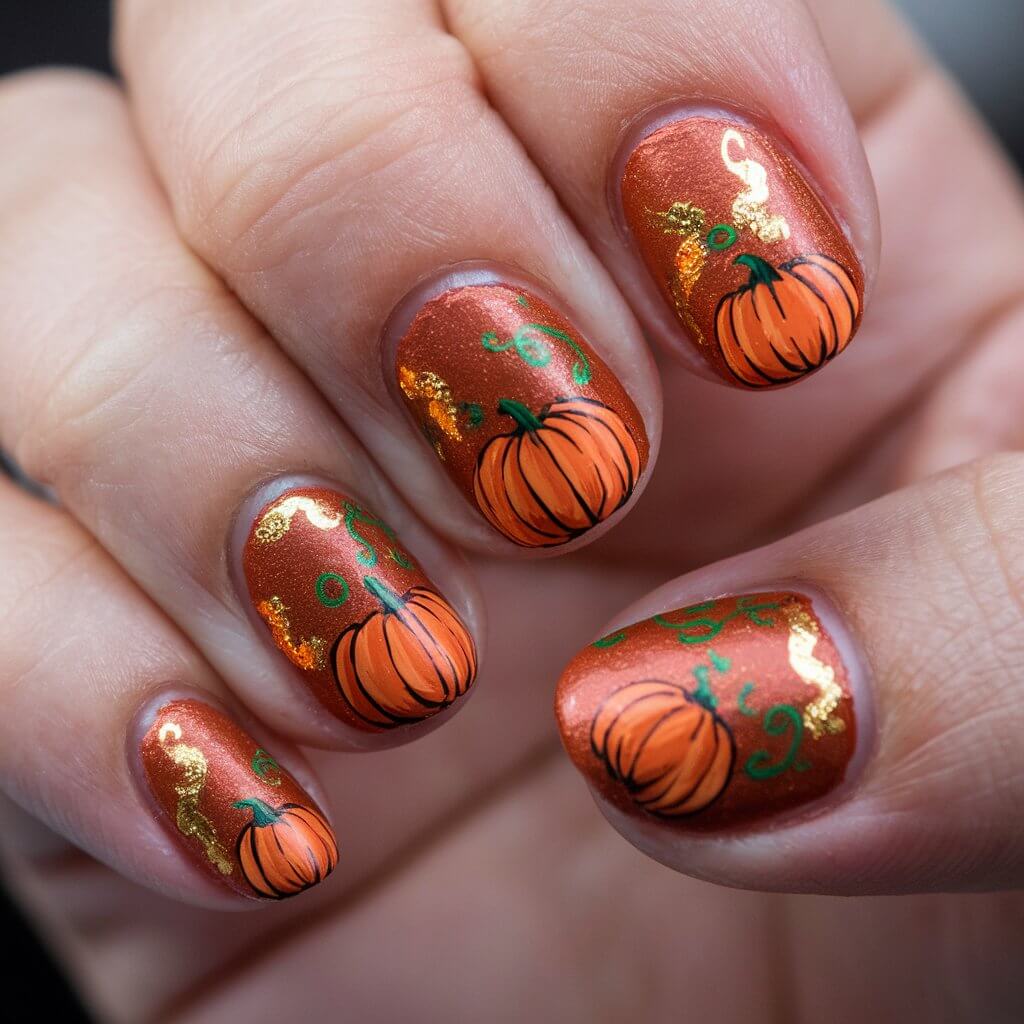 A close-up photo of a woman's hand with Halloween nails inspired by a pumpkin patch. The nails have a warm burnt orange shimmer base, hand-painted with tiny pumpkins, twisting vines, and green leaves. Gold foil accents catch the light, creating a sparkling harvest feel. The nails are rounded and even in length, with careful detailing that looks like miniature artwork. The hand is held in a relaxed pose, fingers gently bent inward. The natural bright blurry background enhances the autumnal hues, making the pumpkins look vibrant and festive.