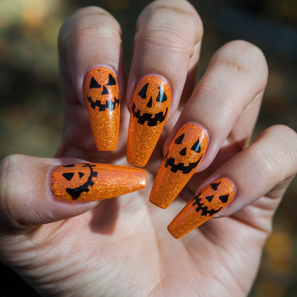 A photo of a woman's hand with long, stiletto nails painted as glowing jack-o'-lanterns for Halloween. The nails have a sparkling orange base and are decorated with hand-painted black pumpkin faces that grin mischievously. The hand is held in a relaxed pose, with fingers comfortably spread to showcase the glowing designs. The background is blurry and natural, allowing the orange glitter to shine even more and enhancing the festive Halloween energy.