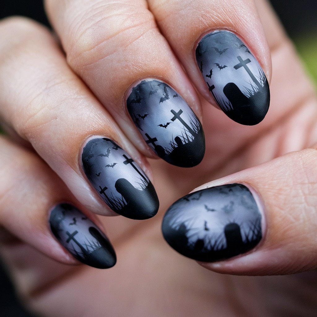 A close-up photo of a well-moisturized oily woman's single hand only highlights five fingers with eerie Halloween nails painted as a graveyard at night. The nails have a misty gray-to-black gradient background, with tombstones, crosses, and flying bats silhouetted across them. The detailing is fine, creating a miniature spooky landscape. The nails are long-length almond-shaped, matte, and evenly manicured. The hand rests in a relaxed pose, with fingers angled slightly outward. The natural outdoor bright blurry background softens the look, allowing the chilling graveyard details to stand out vividly against the dark gradient.