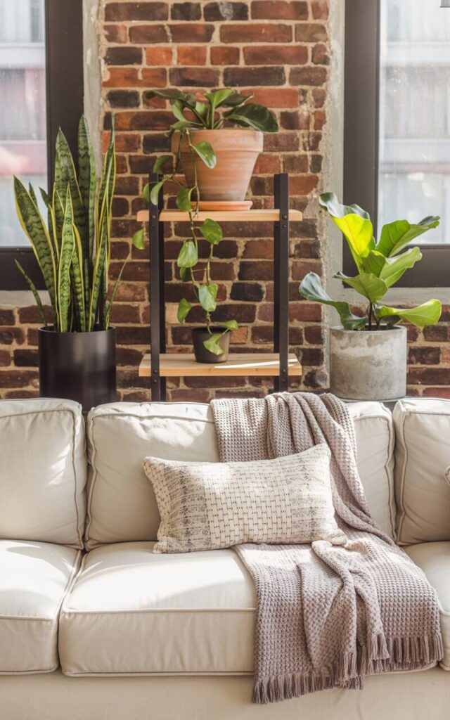 A photograph of a cozy cream-colored sofa nestled within an industrial living room. The sofa is adorned with a light gray knit throw and a pair of patterned pillows, positioned centrally in front of an exposed brick wall. Two matte black planters hold tall snake plants, while a terracotta pot cradles trailing pothos, and a concrete pot houses a vibrant fiddle-leaf fig, all neatly arranged on black steel shelving units. Soft, diffused light streams in from a large window, highlighting the reclaimed wood accents and creating a warm, inviting atmosphere.